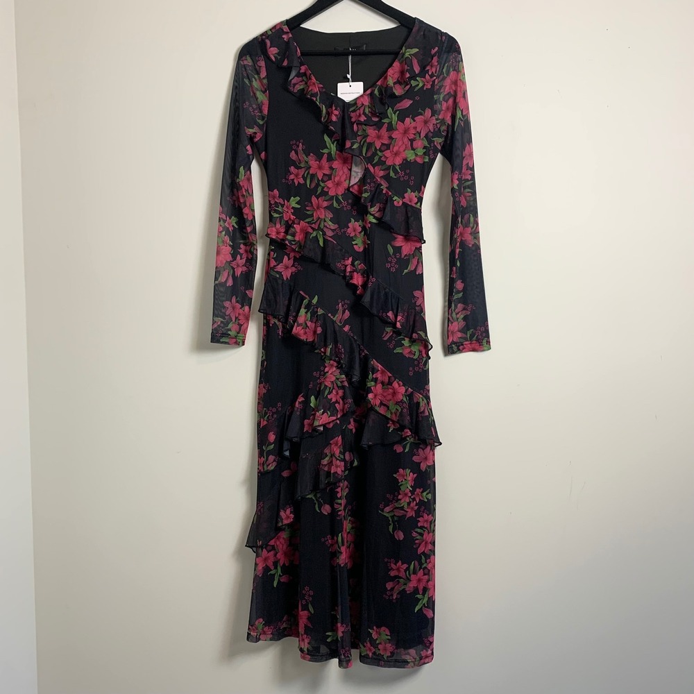 Zesica Floral Mesh Midi Dress M Black Pink Ruffle Long Sleeve New Fairycore
